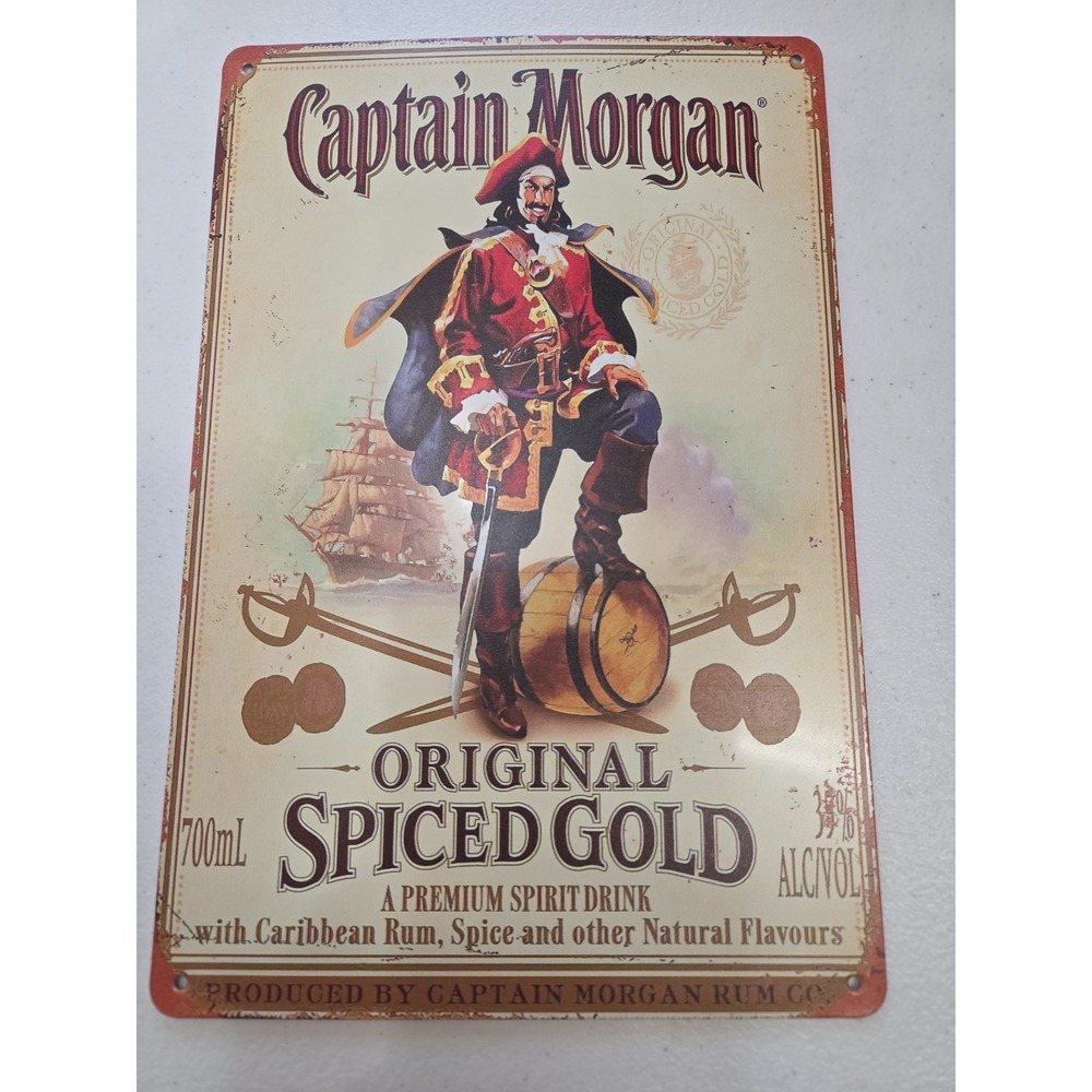 Captain Morgan Original Spiced Gold Tin Metal Sign 8x12 Vintage Style Wall Decor